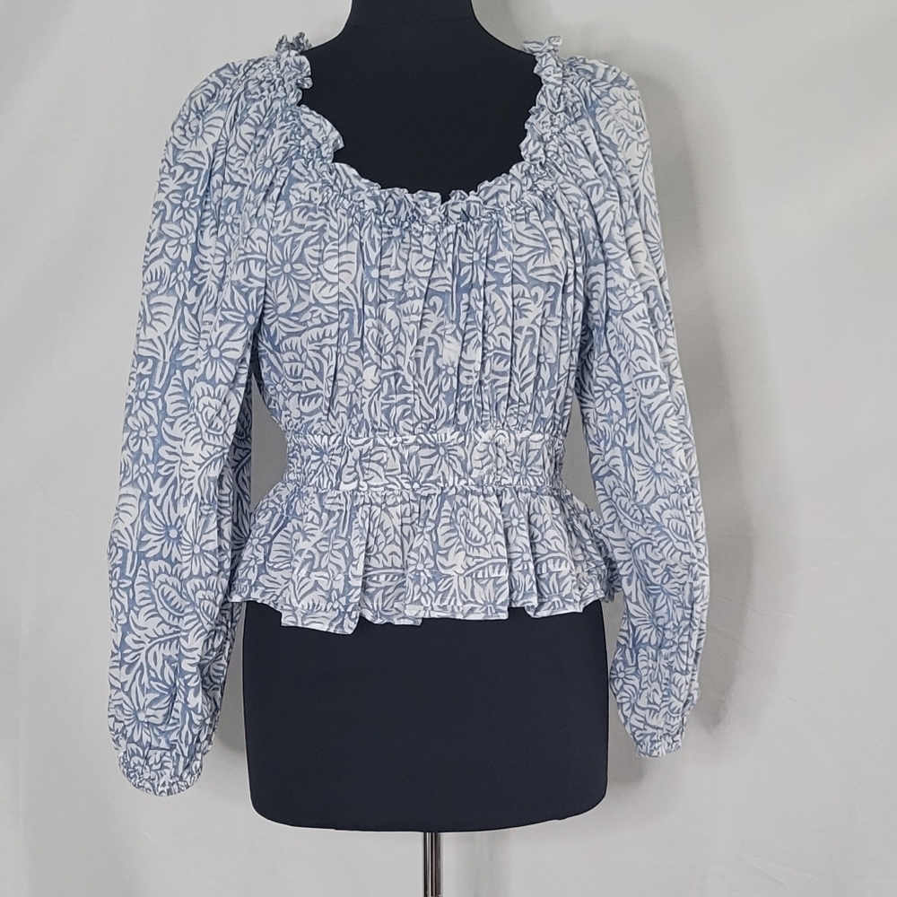 Anna Cate Lezza Blue & White Smock, long Puff sleeves Slight Peplum Bottom